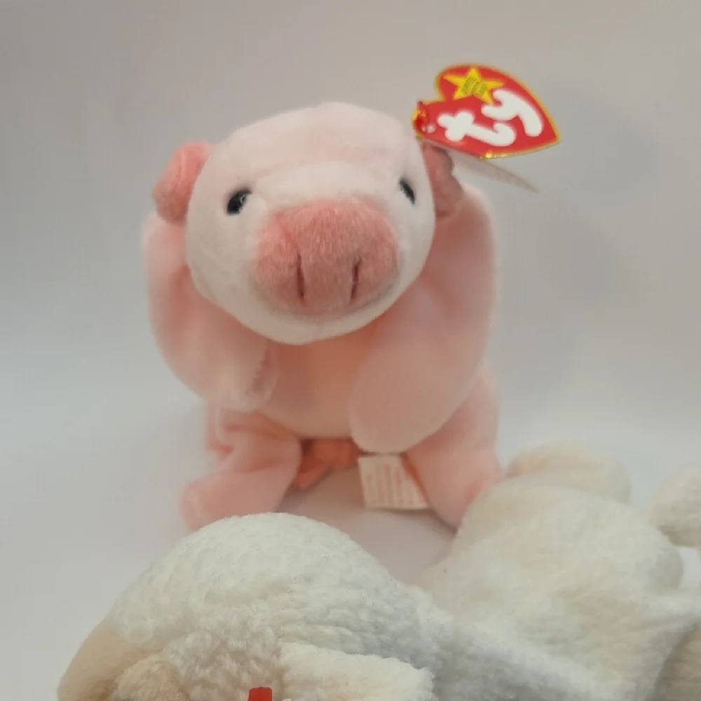 Ty Beanie Babies Spring Pair Squeeler The Pink Pig 1993 + Fleece The White Lamb